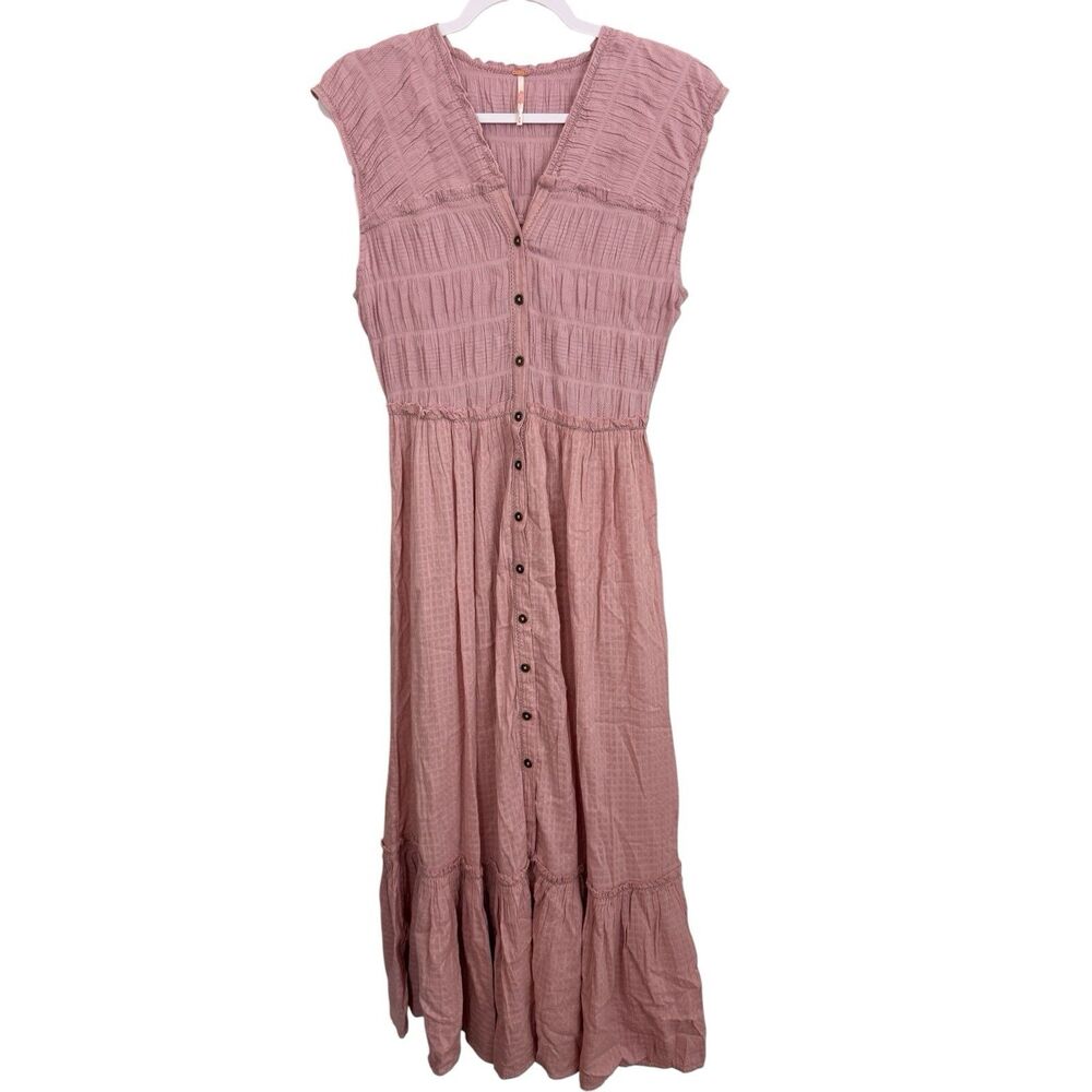 Free People Midi Dress Sz Medium Desert Dazed Pink Cotton Short Sleeve Smocked - Picture 2 of 9